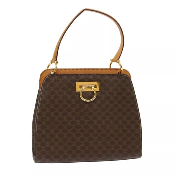 CELINE Macadam Canvas Hand Bag PVC Leather Brown AutH - Picture 1 of 15